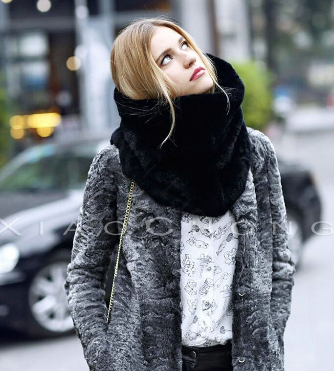 European Fashion Rabbit Fur Large Collar Female Women's Faux Rabbit Fur Scarf Muffler - Black