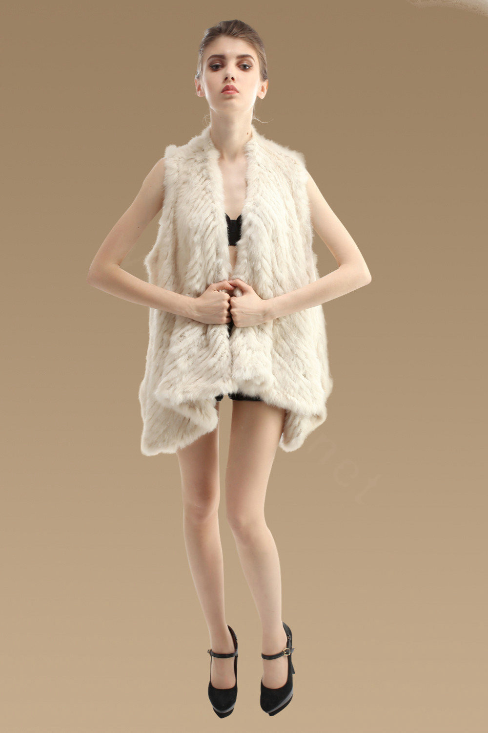 European Luxury Natural Rabbit Fur Vests Women Irregular Knitted Warm Fur Jacket - Beige