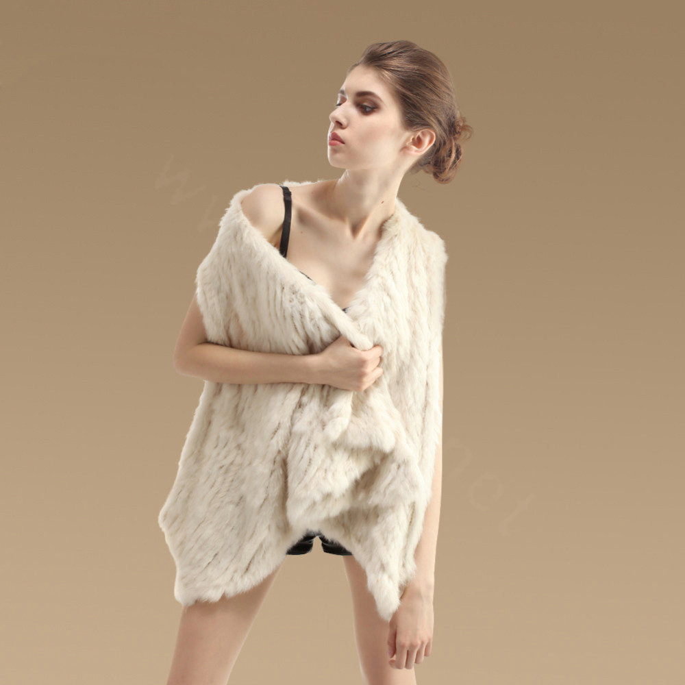 European Luxury Natural Rabbit Fur Vests Women Irregular Knitted Warm Fur Jacket - Beige