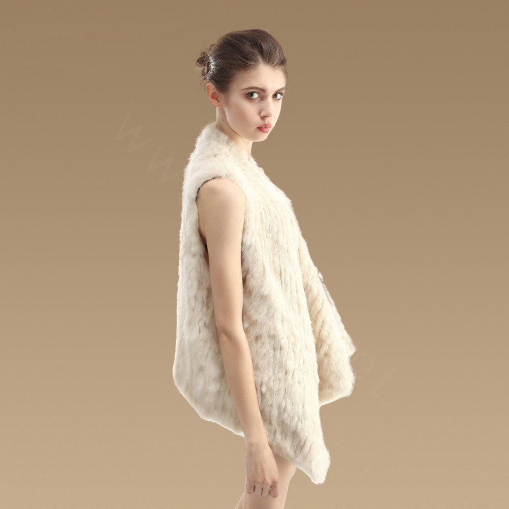 European Luxury Natural Rabbit Fur Vests Women Irregular Knitted Warm Fur Jacket - Beige