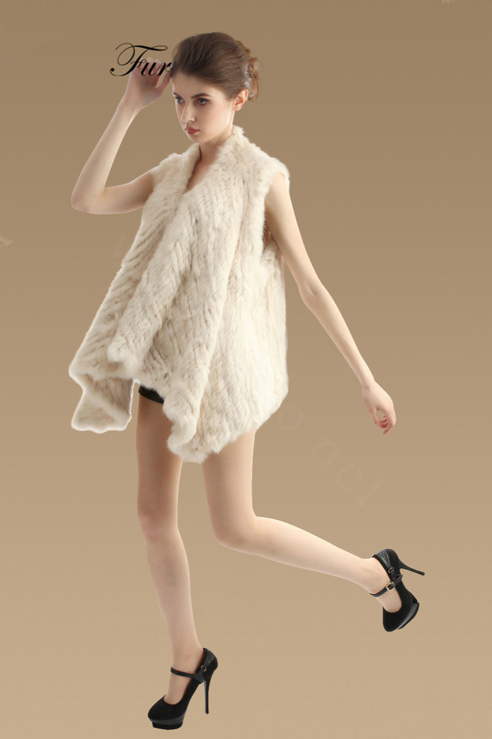 European Luxury Natural Rabbit Fur Vests Women Irregular Knitted Warm Fur Jacket - Beige