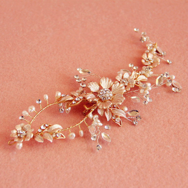 European Retro Bridal Gold Crystal Flower Pearl Wedding Headband Frosted Hair Vine Accessories