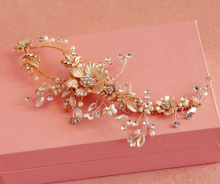 European Retro Bridal Gold Crystal Flower Pearl Wedding Headband Frosted Hair Vine Accessories