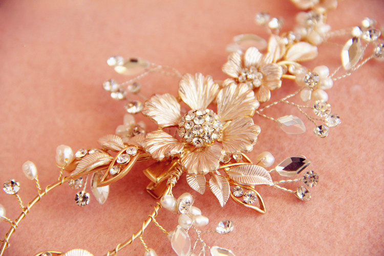 European Retro Bridal Gold Crystal Flower Pearl Wedding Headband Frosted Hair Vine Accessories