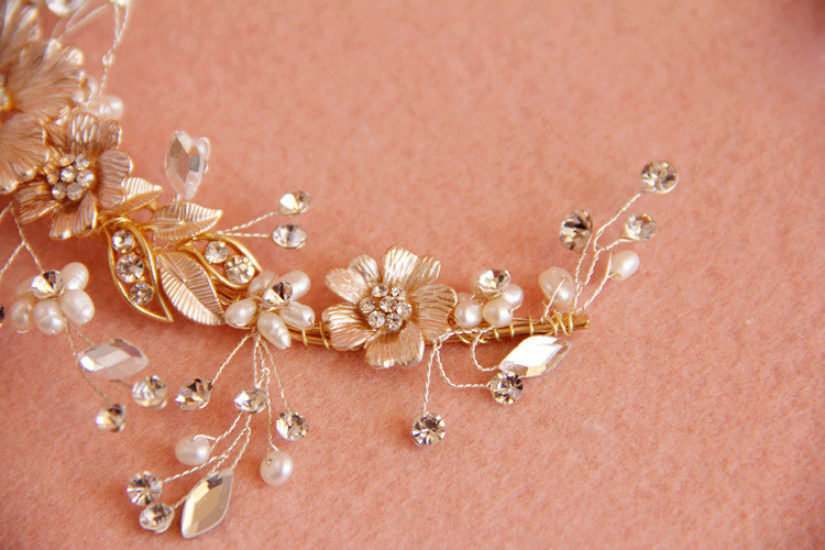 European Retro Bridal Gold Crystal Flower Pearl Wedding Headband Frosted Hair Vine Accessories