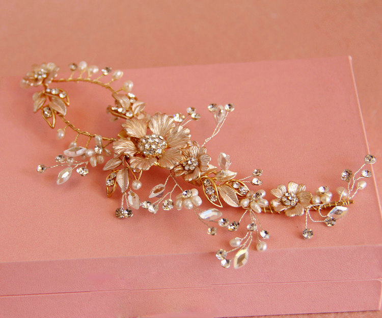 European Retro Bridal Gold Crystal Flower Pearl Wedding Headband Frosted Hair Vine Accessories