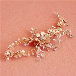 European Retro Bridal Gold Crystal Flower Pearl Wedding Headband Frosted Hair Vine Accessories