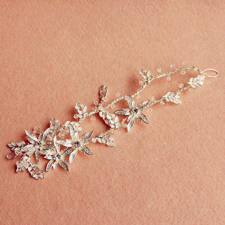European Retro Bridal Sliver Crystal Flower Pearl Wedding Headband Frosted Hair Vine Accessories