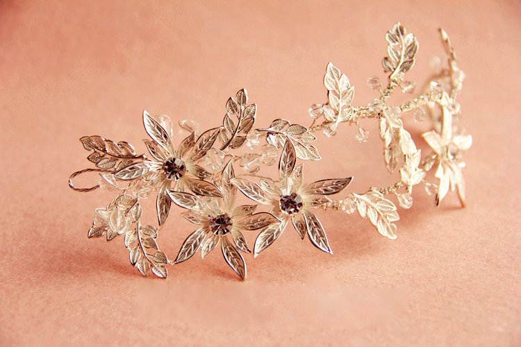 European Retro Bridal Sliver Crystal Flower Pearl Wedding Headband Frosted Hair Vine Accessories