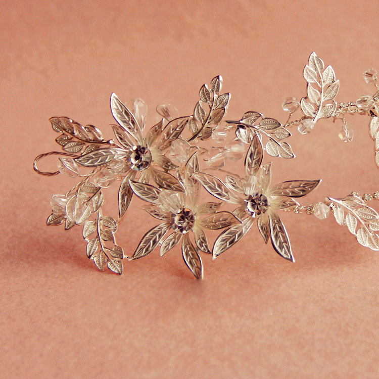 European Retro Bridal Sliver Crystal Flower Pearl Wedding Headband Frosted Hair Vine Accessories
