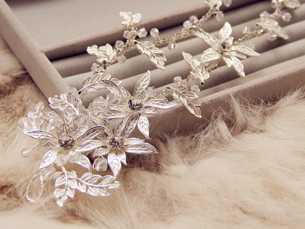 European Retro Bridal Sliver Crystal Flower Pearl Wedding Headband Frosted Hair Vine Accessories