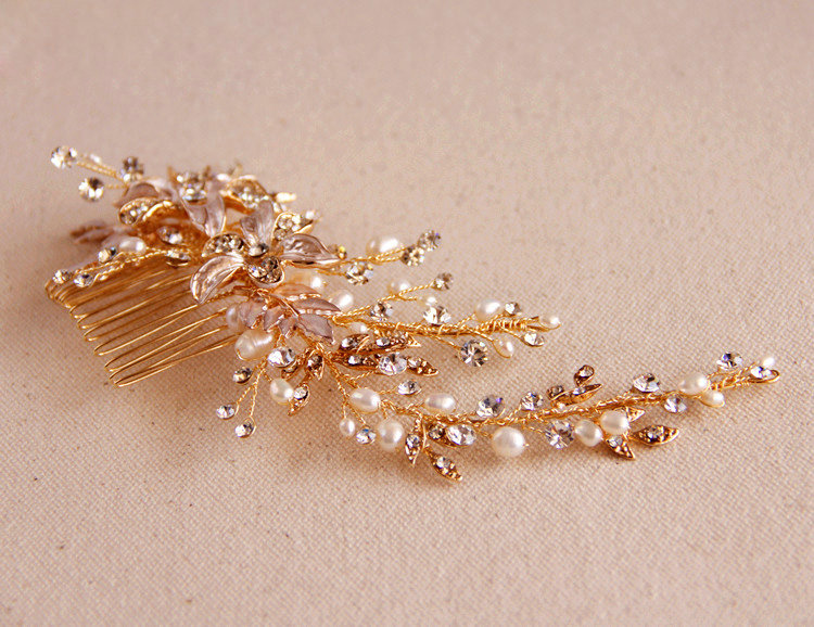 European Style Retro Gold Crystal Beads Pearl Flower Wedding Bridal Headpiece Hair Combs Accessories