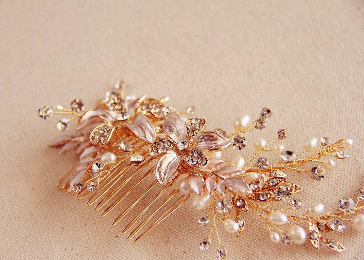 European Style Retro Gold Crystal Beads Pearl Flower Wedding Bridal Headpiece Hair Combs Accessories
