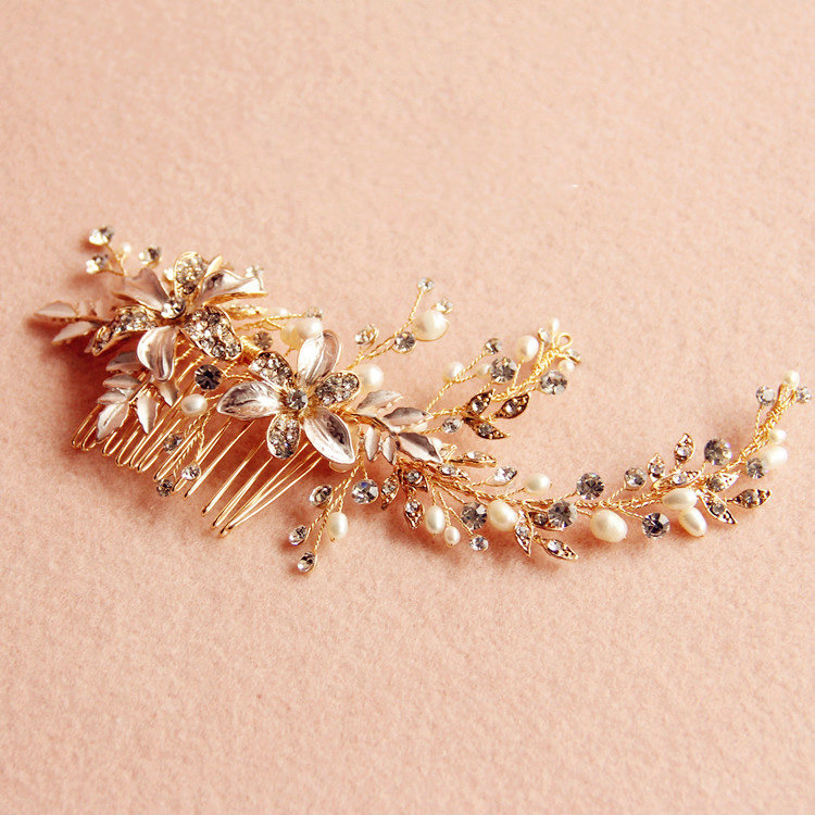 European Style Retro Gold Crystal Beads Pearl Flower Wedding Bridal Headpiece Hair Combs Accessories