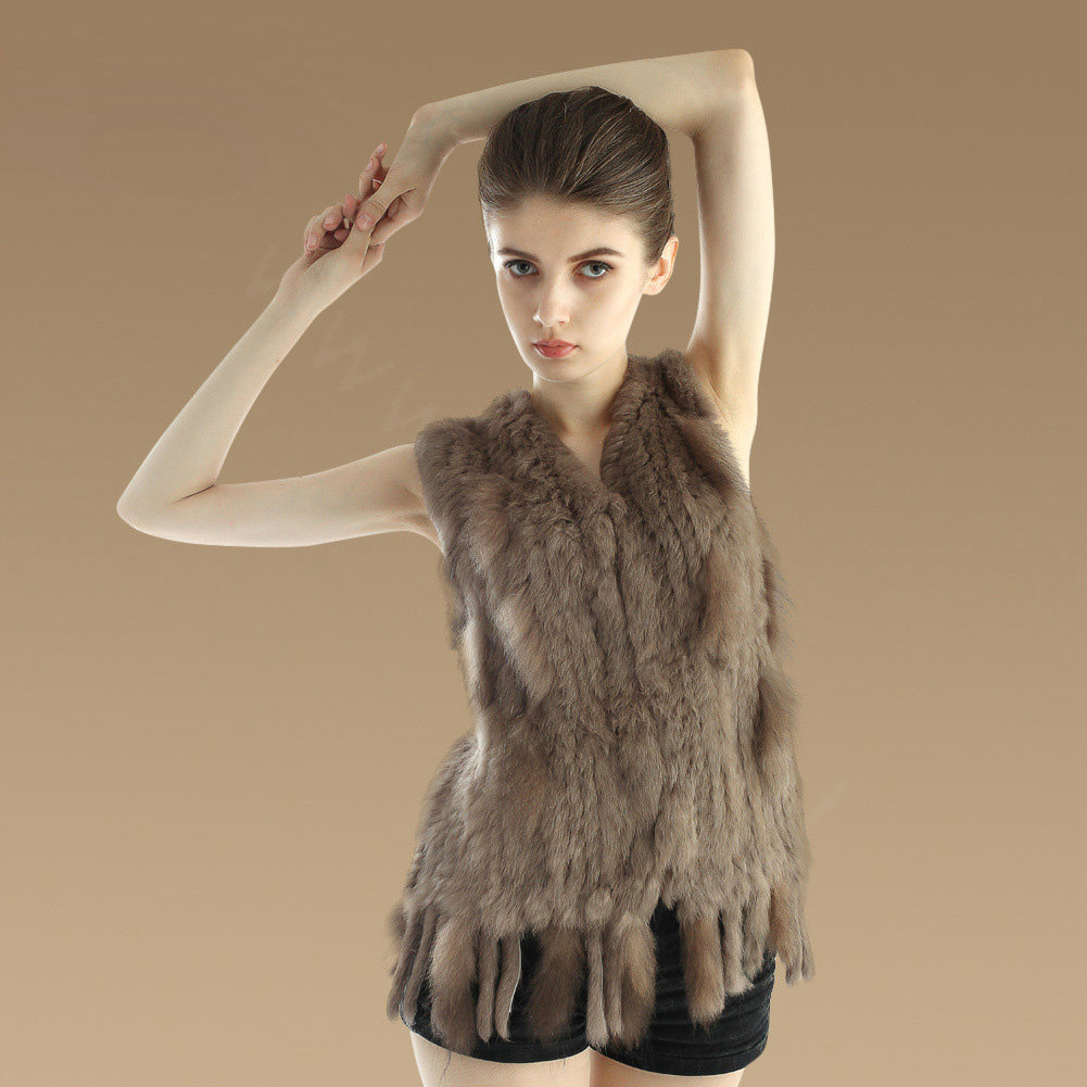 European Women Fashion Knitted Rabbit Fur Waistcoat With Raccoon Fur Tassels Vest - Khaki