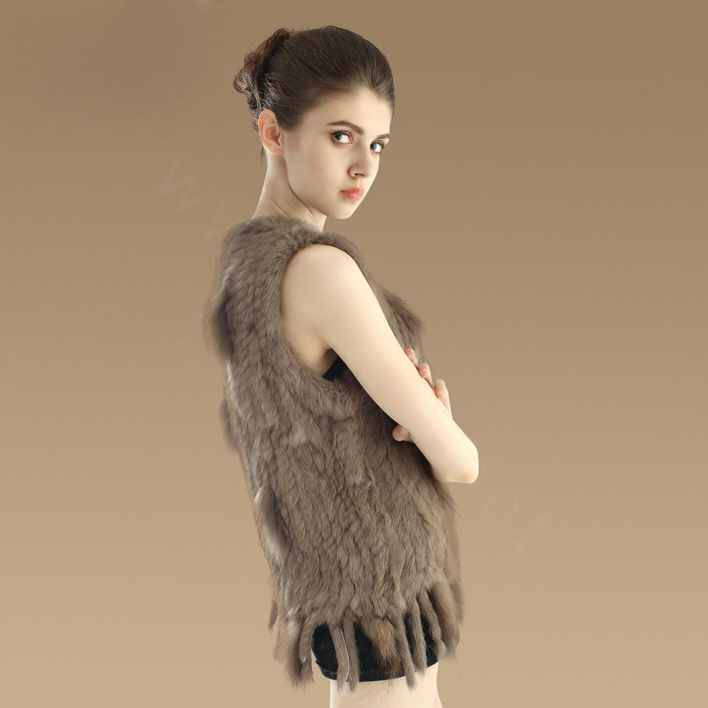 European Women Fashion Knitted Rabbit Fur Waistcoat With Raccoon Fur Tassels Vest - Khaki