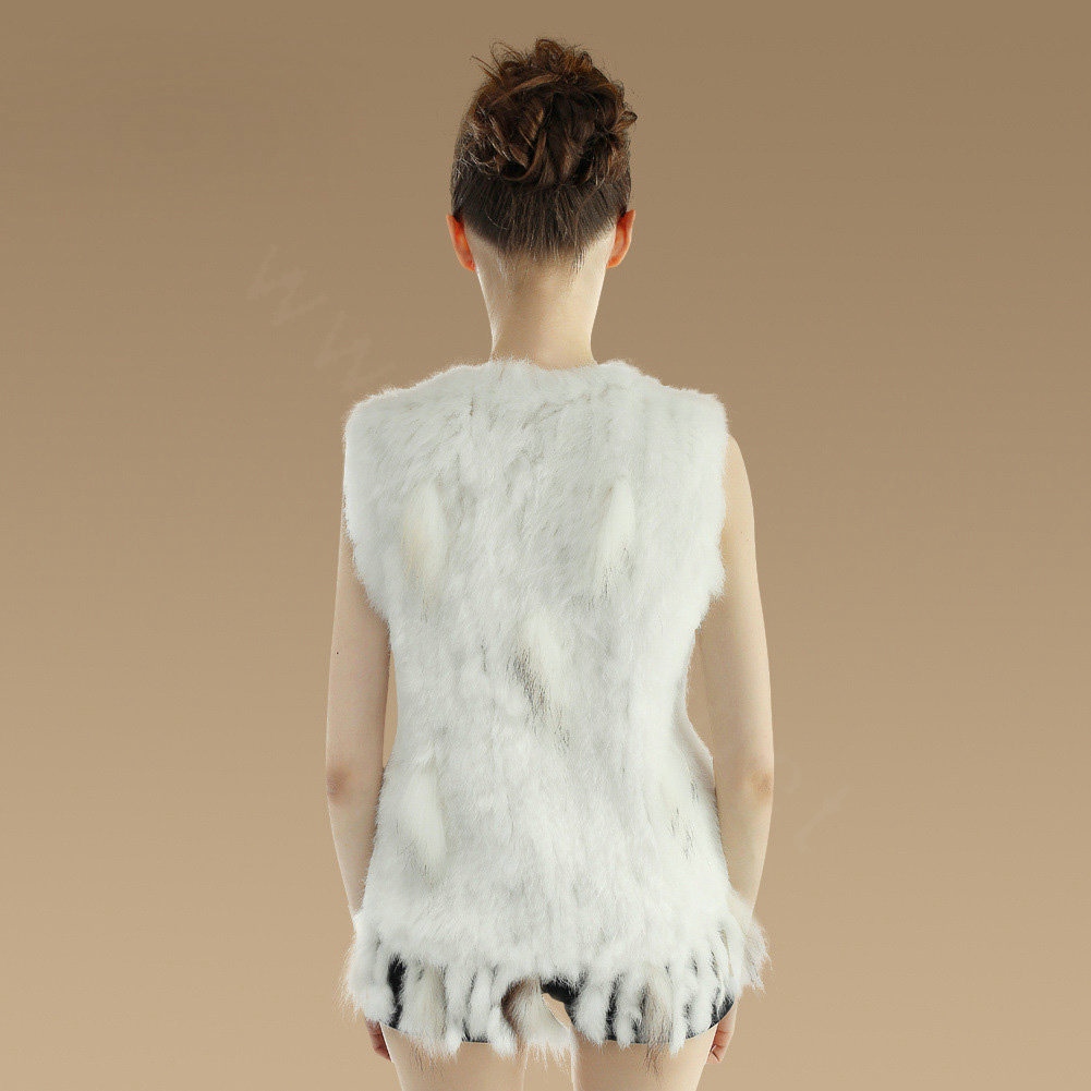 European Women Fashion Knitted Rabbit Fur Waistcoat With Raccoon Fur Tassels Vest - White