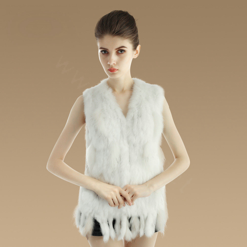 European Women Fashion Knitted Rabbit Fur Waistcoat With Raccoon Fur Tassels Vest - White