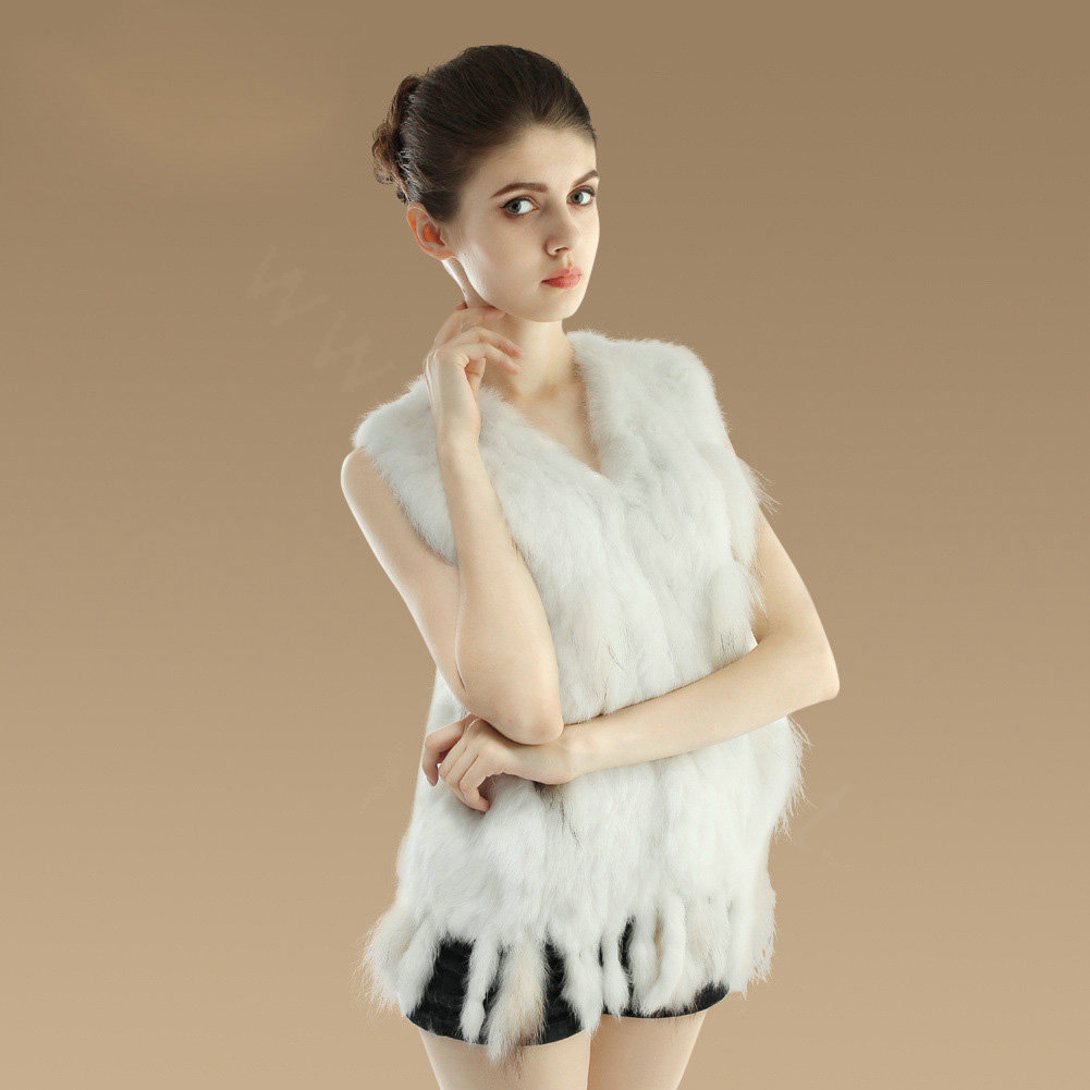 European Women Fashion Knitted Rabbit Fur Waistcoat With Raccoon Fur Tassels Vest - White