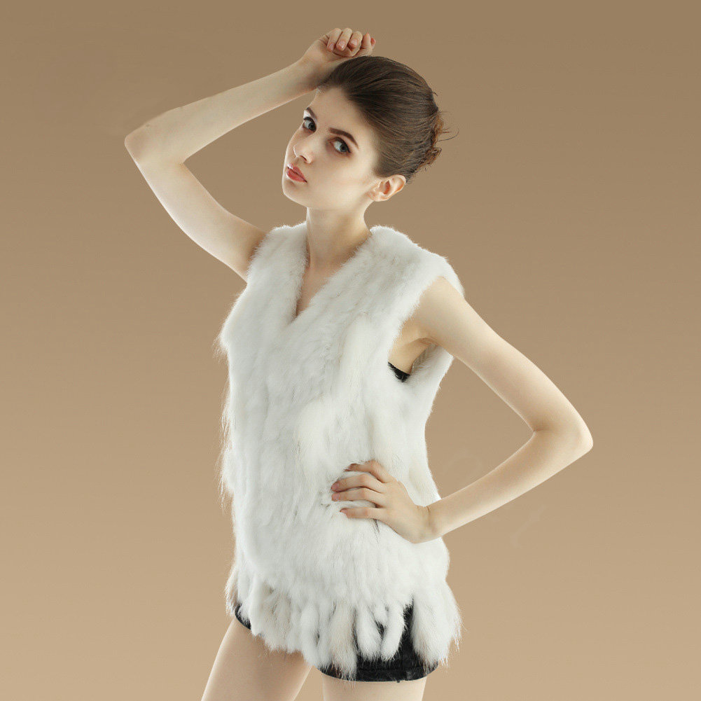 European Women Fashion Knitted Rabbit Fur Waistcoat With Raccoon Fur Tassels Vest - White