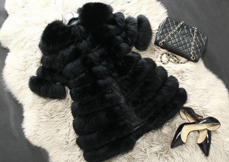 Extre Luxury Genuine Real Whole Fox Fur Coats Fashion Women Medium-long Fur Outerwear - Black