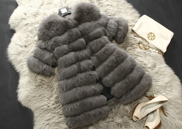 Extre Luxury Genuine Real Whole Fox Fur Coats Fashion Women Medium-long Fur Outerwear - Grey
