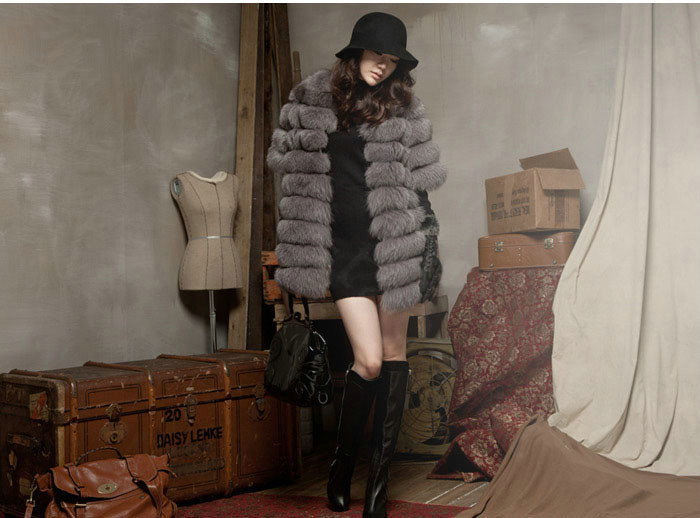 Extre Luxury Genuine Real Whole Fox Fur Coats Fashion Women Medium-long Fur Outerwear - Grey