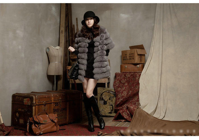 Extre Luxury Genuine Real Whole Fox Fur Coats Fashion Women Medium-long Fur Outerwear - Grey