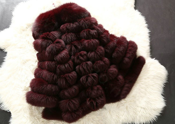 Extre Luxury Genuine Real Whole Fox Fur Coats Fashion Women Medium-long Fur Outerwear - Wine Red