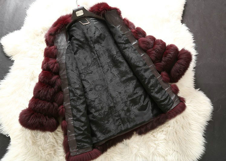 Extre Luxury Genuine Real Whole Fox Fur Coats Fashion Women Medium-long Fur Outerwear - Wine Red