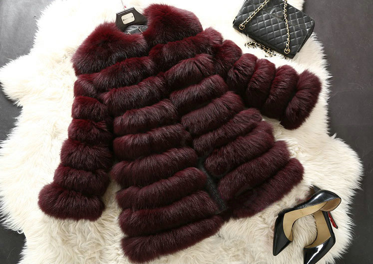Extre Luxury Genuine Real Whole Fox Fur Coats Fashion Women Medium-long Fur Outerwear - Wine Red