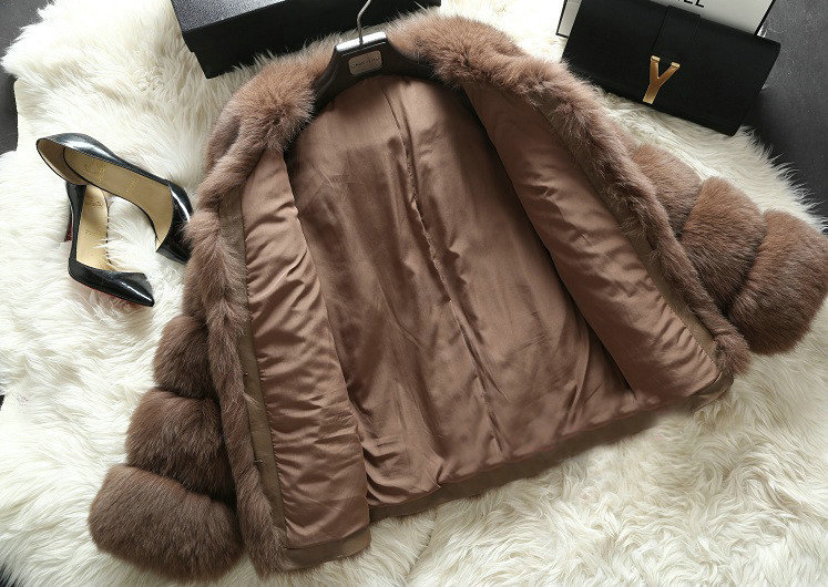 Extre Luxury Genuine Real Whole Fox Fur Coats Fashion Women Short Fur Outerwear - Coffee