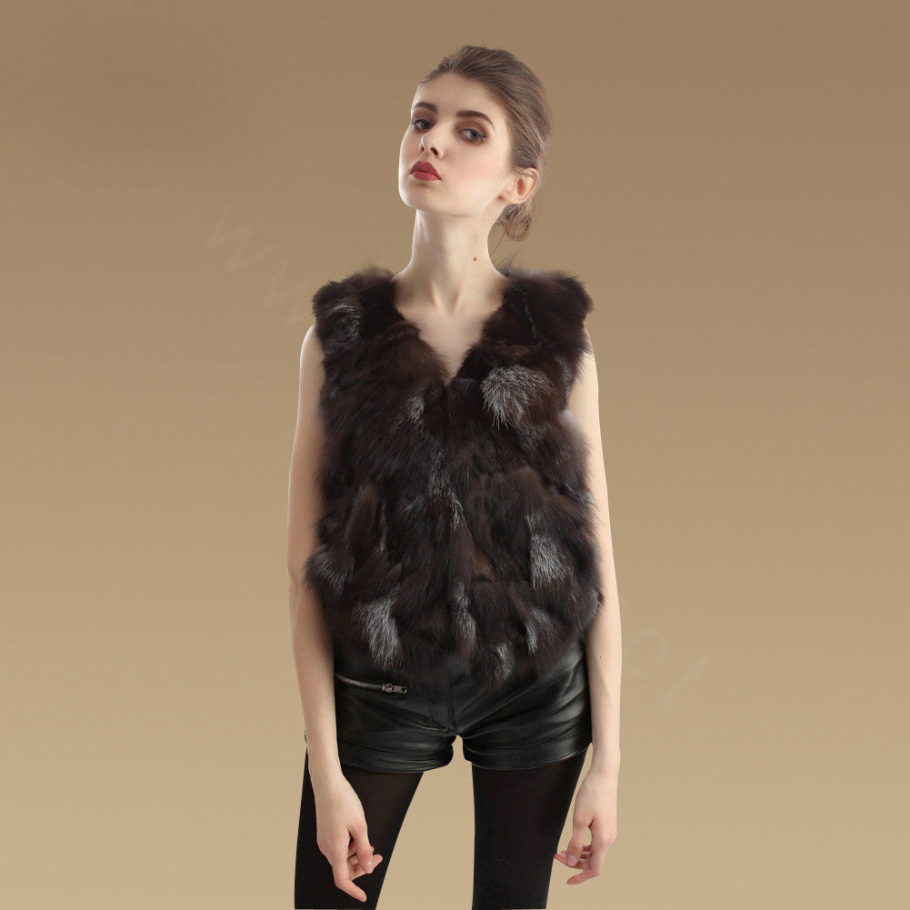 Extreme Luxury Genuine Knitted Silver Fox Fur Vest Women Fashion Fox Fur Waistcoat - Natural Coffee