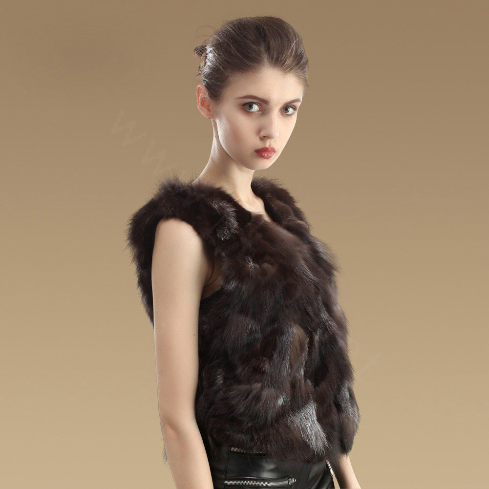 Extreme Luxury Genuine Knitted Silver Fox Fur Vest Women Fashion Fox Fur Waistcoat - Natural Coffee