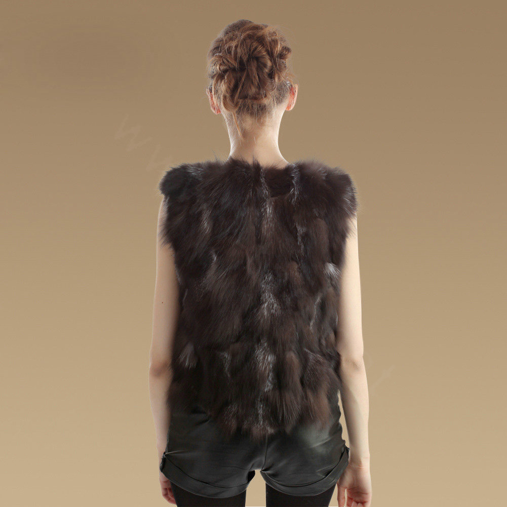 Extreme Luxury Genuine Knitted Silver Fox Fur Vest Women Fashion Fox Fur Waistcoat - Natural Coffee