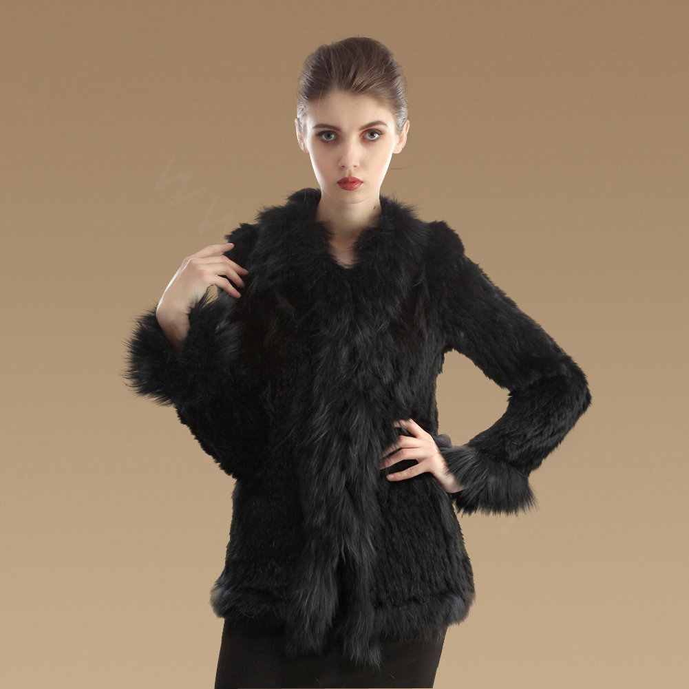 Extreme Luxury Women Kint Rabbit Fur Coats Genuine Raccoon Fur Warm Outerwear - Black