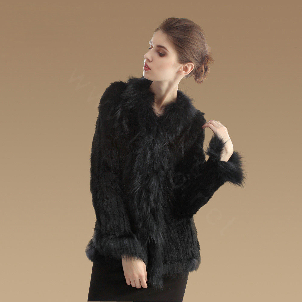 Extreme Luxury Women Kint Rabbit Fur Coats Genuine Raccoon Fur Warm Outerwear - Black