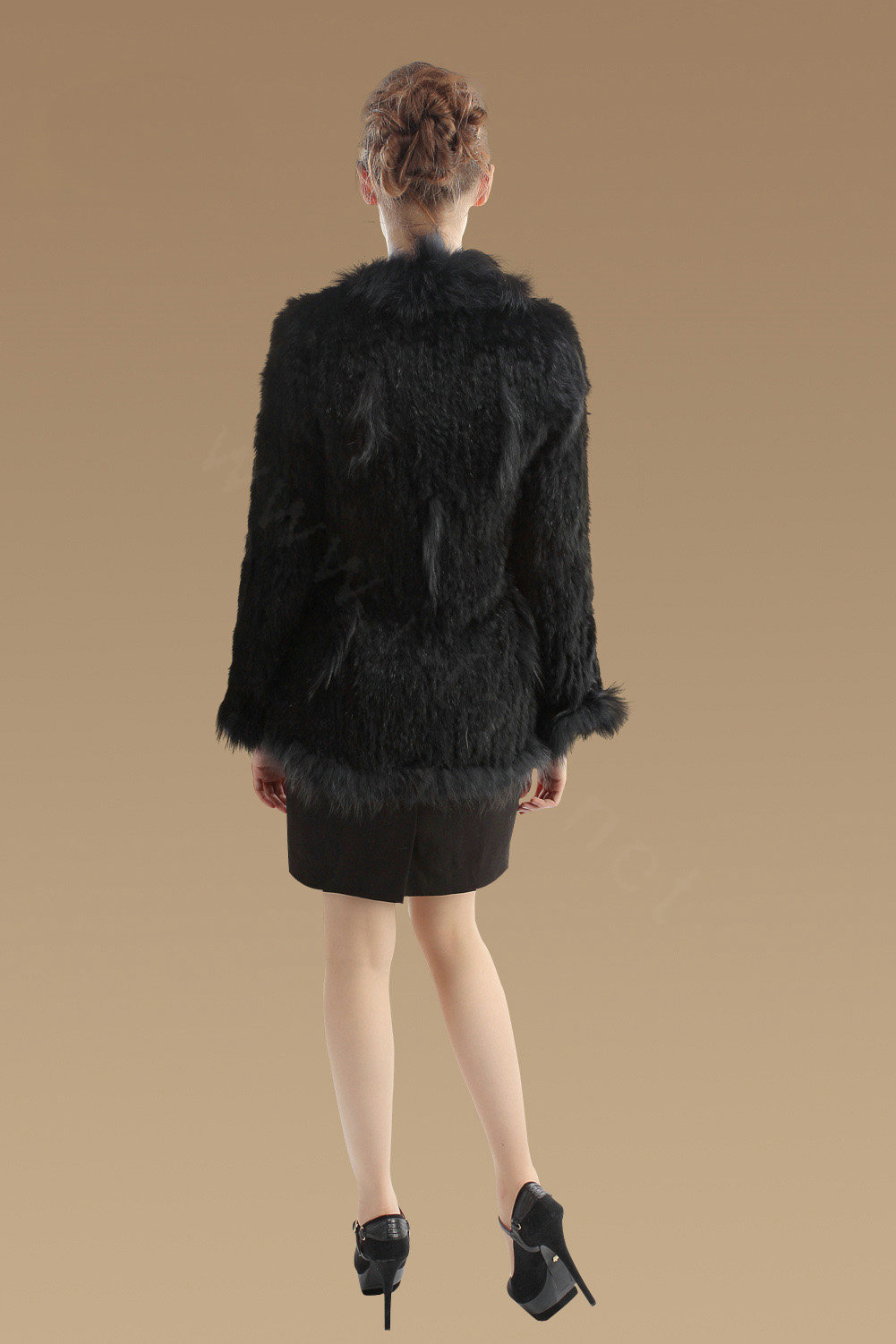 Extreme Luxury Women Kint Rabbit Fur Coats Genuine Raccoon Fur Warm Outerwear - Black