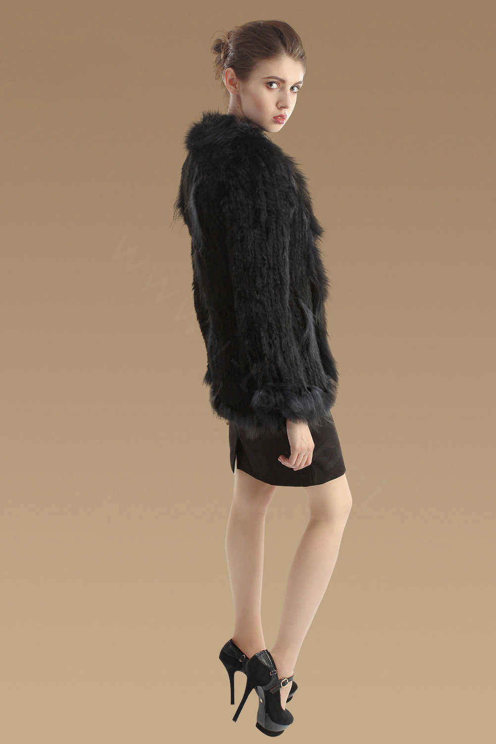 Extreme Luxury Women Kint Rabbit Fur Coats Genuine Raccoon Fur Warm Outerwear - Black
