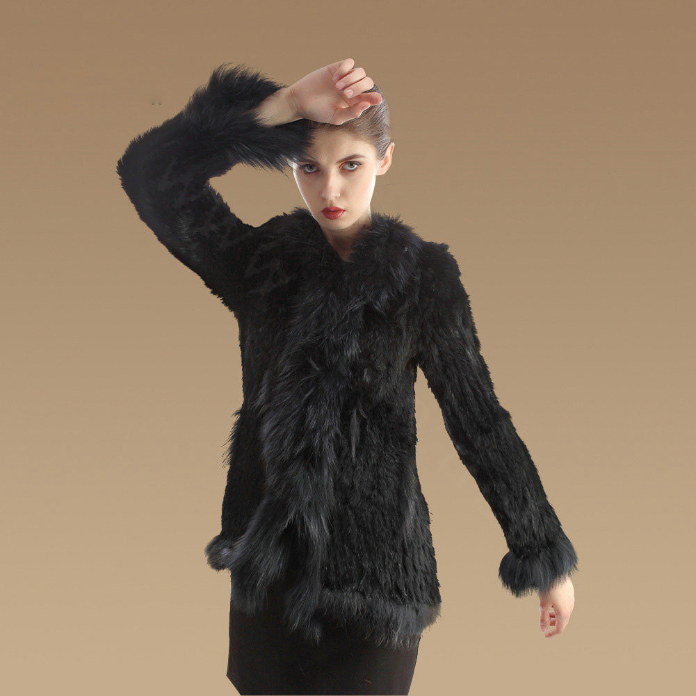 Extreme Luxury Women Kint Rabbit Fur Coats Genuine Raccoon Fur Warm Outerwear - Black