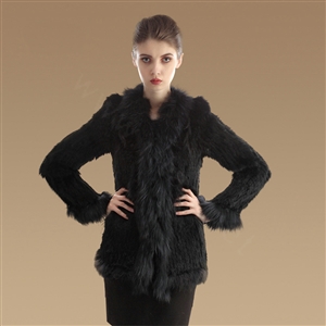 Extreme Luxury Women Kint Rabbit Fur Coats Genuine Raccoon Fur Warm Outerwear - Black