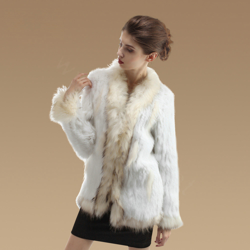 Extreme Luxury Women Kint Rabbit Fur Coats Genuine Raccoon Fur Warm Outerwear - White