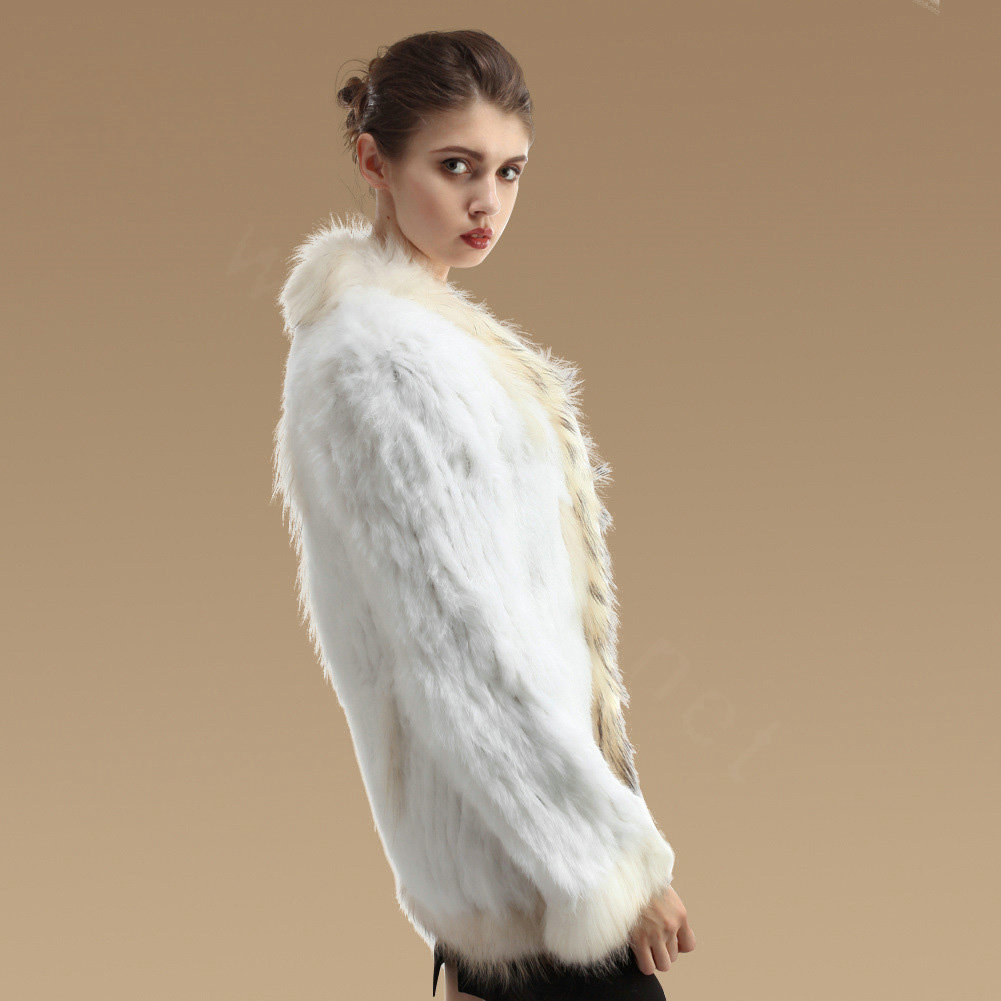 Extreme Luxury Women Kint Rabbit Fur Coats Genuine Raccoon Fur Warm Outerwear - White
