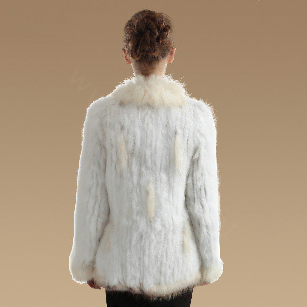 Extreme Luxury Women Kint Rabbit Fur Coats Genuine Raccoon Fur Warm Outerwear - White