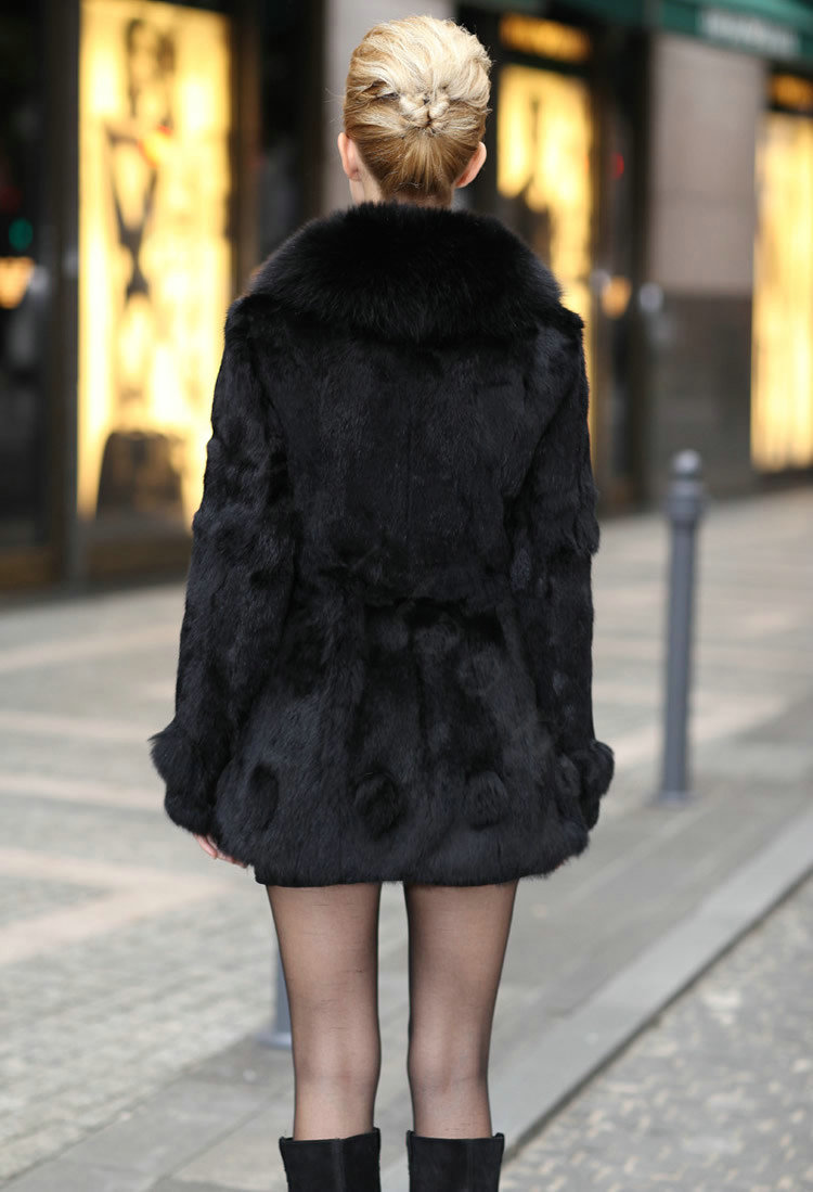 Extreme Luxury Women Long Genuine Rabbit Fur Coats With Fox Fur Collar Warm Slim Outerwear - Black