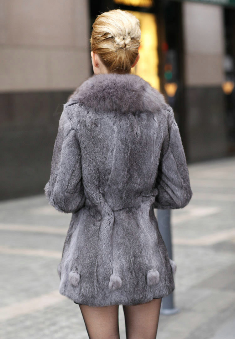 Extreme Luxury Women Long Genuine Rabbit Fur Coats With Fox Fur Collar Warm Slim Outerwear - Grey