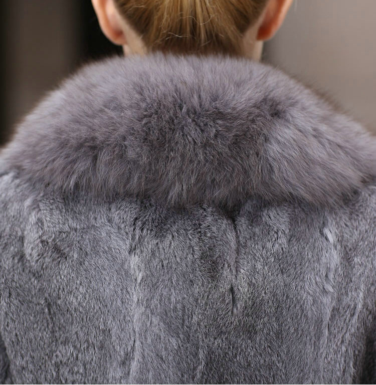 Extreme Luxury Women Long Genuine Rabbit Fur Coats With Fox Fur Collar Warm Slim Outerwear - Grey