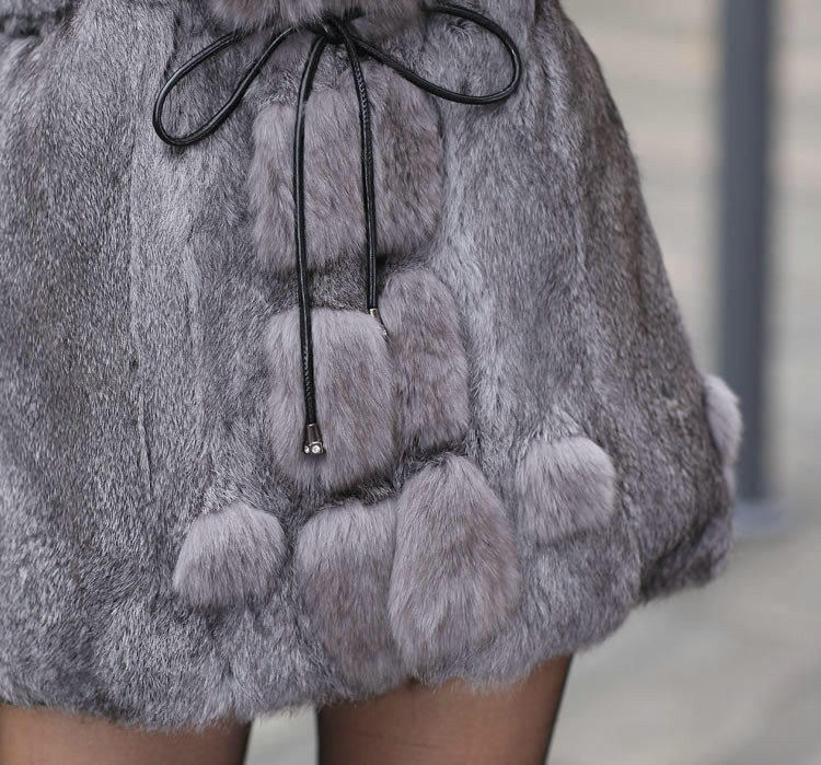 Extreme Luxury Women Long Genuine Rabbit Fur Coats With Fox Fur Collar Warm Slim Outerwear - Grey