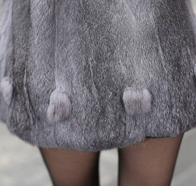 Extreme Luxury Women Long Genuine Rabbit Fur Coats With Fox Fur Collar Warm Slim Outerwear - Grey