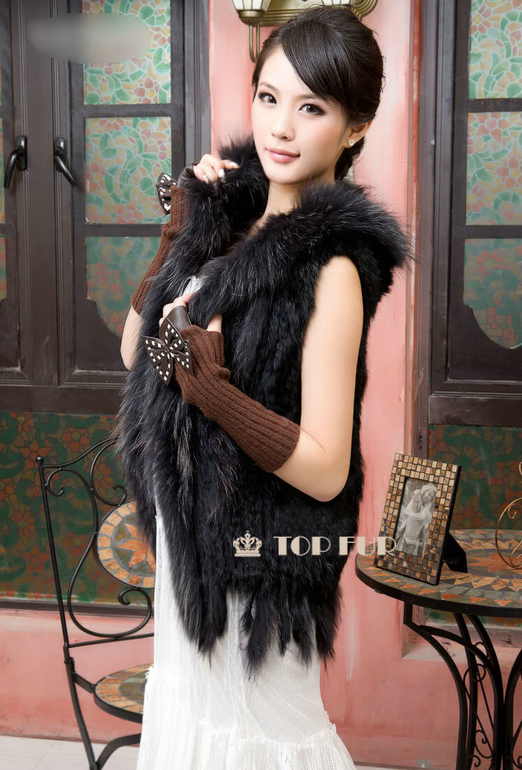 Extreme Luxury Women Natural Rabbit Fur Vest With Hooded Large Raccoon Fur Collar Gilet - Black